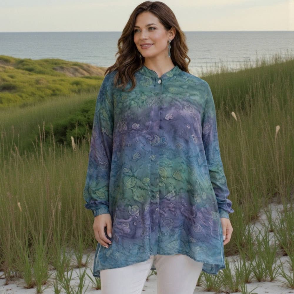 Dana Taylor Woman Tunic Blouse 1X Button Up Front Watercolor Feminine Romantic